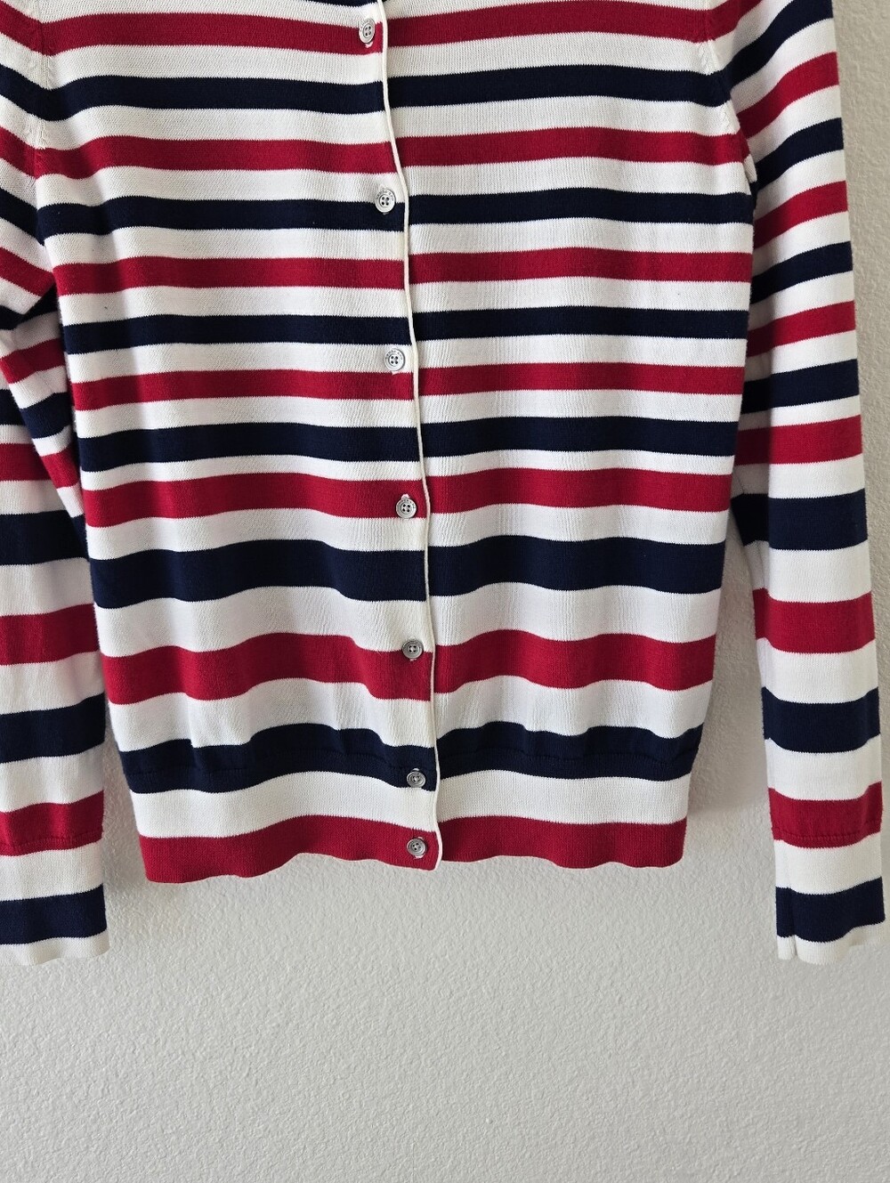 Lands' End Women's 6-8/ Small 100% Supima Cotton Red White Blue Stripe Cardigan - Picture 7 of 15